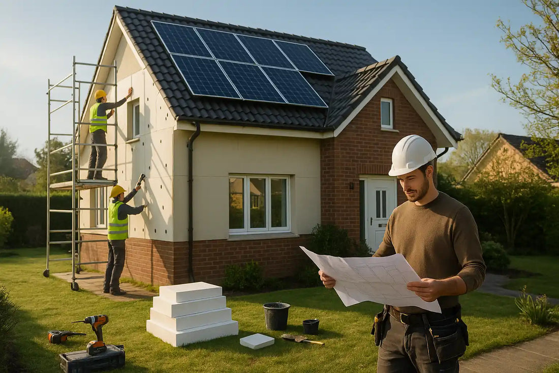 Travaux de rénovation énergétique d’une maison avec isolation thermique, ouvriers et panneaux solaires – aide pour la rénovation de l’habitat en France.