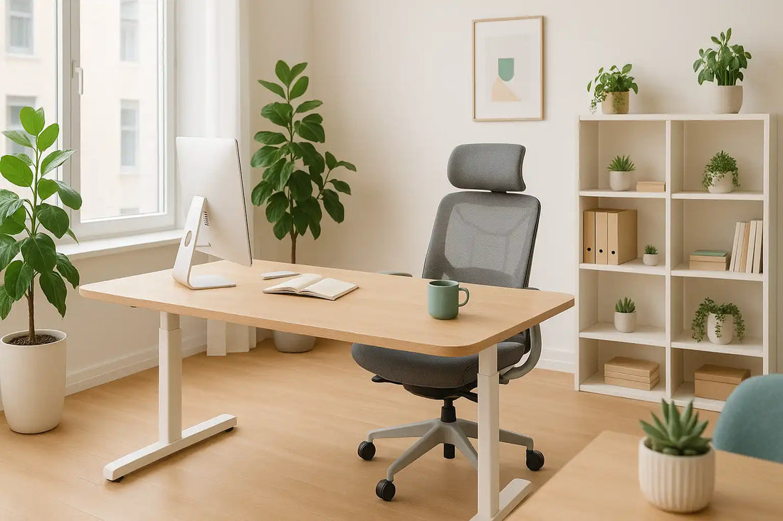 Aménagement intérieur de bureau moderne et lumineux au design scandinave, avec mobilier ergonomique, plantes vertes et grande luminosité naturelle.
