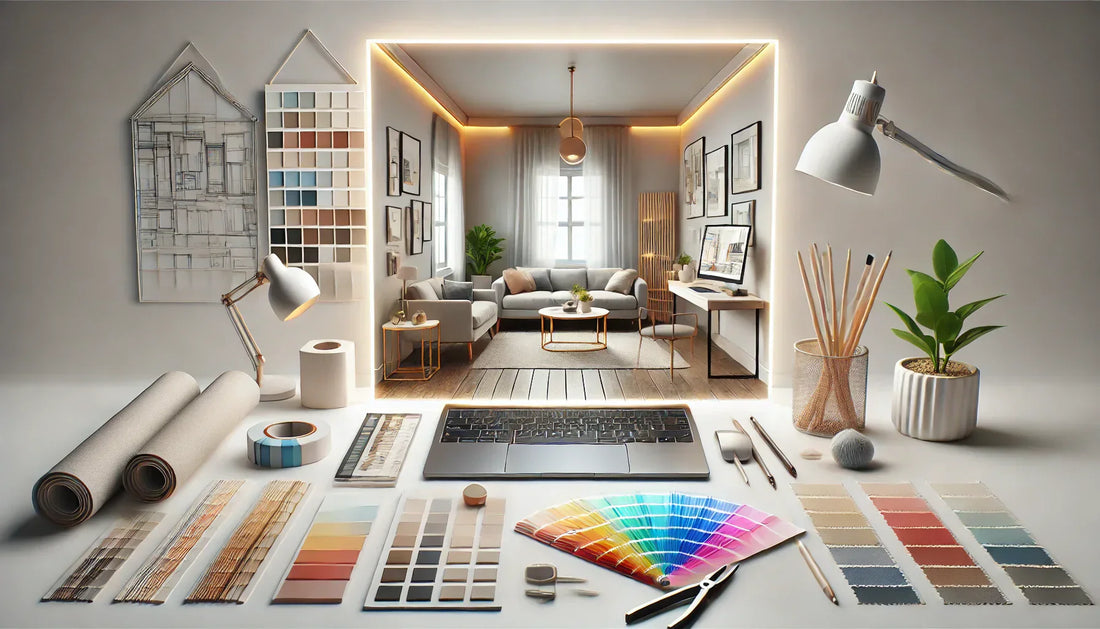 Conception 3D d'aménagement intérieur affichée sur un ordinateur portable, entourée d'échantillons de matériaux et de couleurs dans un espace de travail moderne et minimaliste.