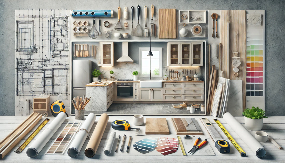 Planification de rénovation de cuisine avec des plans architecturaux, échantillons de matériaux comme le marbre et le bois, outils de mesure et swatches de peinture, montrant une cuisine en cours d'installation.