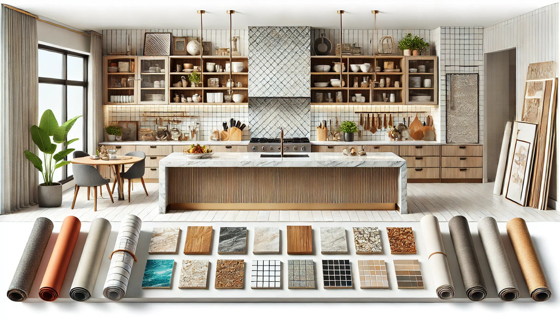 Cuisine moderne avec comptoirs en granite, îlot en quartz, armoires en bois et dosserets en mosaïque, entourée d’échantillons de matériaux, de palettes de couleurs et d’outils de design sur un plan de travail.