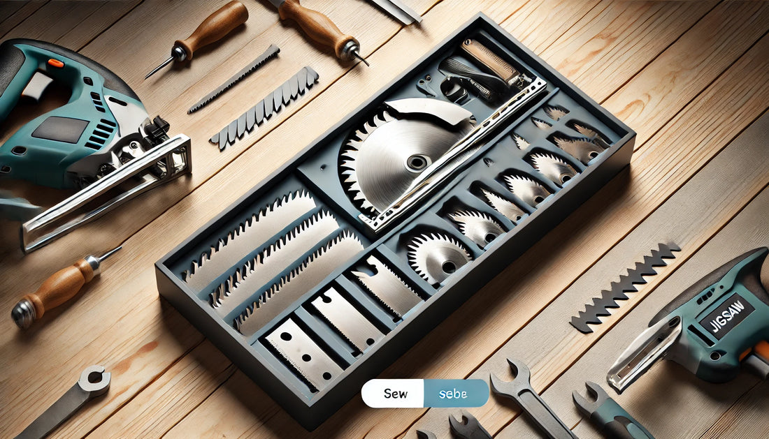 Vue rapprochée d’un ensemble de lames de scie sauteuse organisées dans une boîte à outils, avec différentes tailles et types pour le bois, le métal et le stratifié, sur une surface en bois propre.