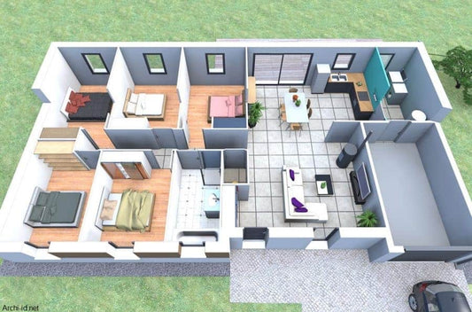 Interface d'un logiciel gratuit d’aménagement intérieur 3D montrant une cuisine moderne en visualisation 3D