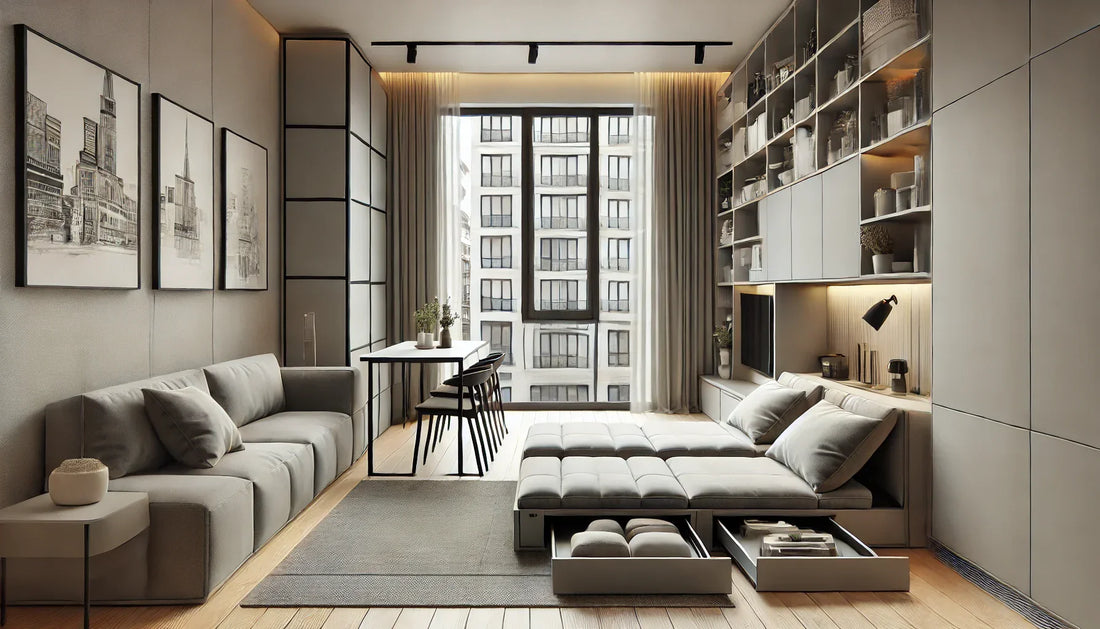 Salon modulable avec un canapé convertible en lit, une table pliante et des rangements multifonctionnels. Design minimaliste et optimisation de l’espace pour un intérieur moderne et pratique