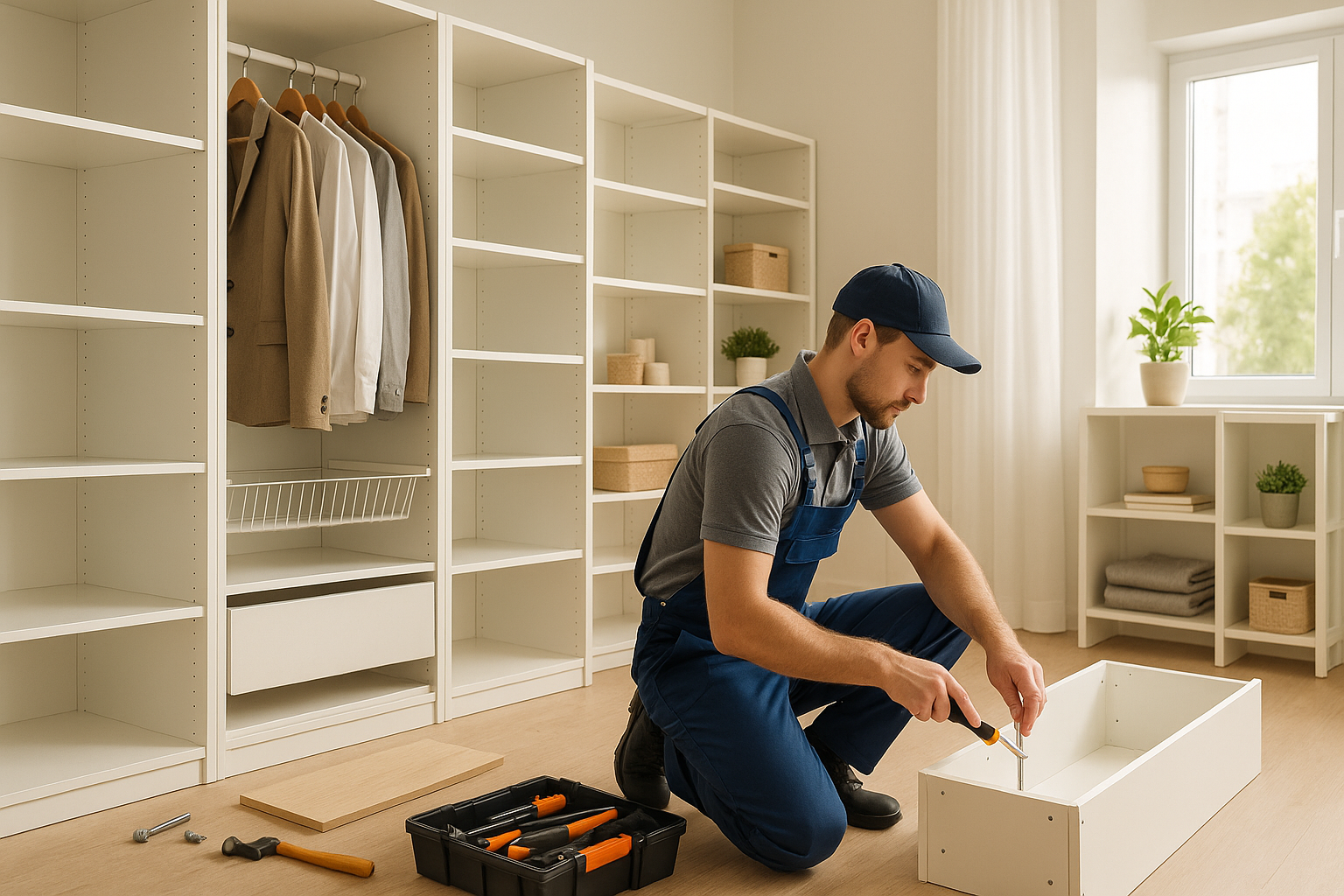 Illustration réaliste d’un technicien professionnel en train de monter un meuble IKEA dans un appartement moderne, avec outils à portée de main. L’espace est lumineux et bien organisé, on voit des caissons, étagères et accessoires PAX. Style propre et professionnel, ambiance chaleureuse et accueillante, haute qualité, orientation horizontale, format rectangulaire adapté pour une image vedette de page web.